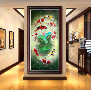 纯手绘油画荷花九鱼图玄关装饰画新中式客厅竖版风水挂画九鲤图