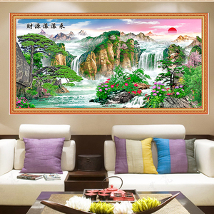带框高清自粘装饰壁画山水风景客厅电视沙发背景墙布壁纸流水生财