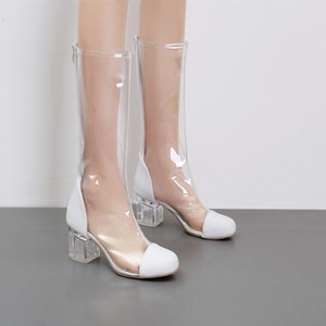 欧洲站18夏新款水晶跟塑料雨靴粗跟套鞋pvc凉靴女性感短筒透明靴