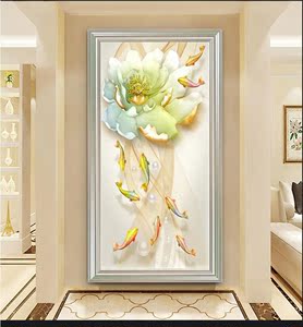 北欧玄关墙面装饰画过道走廊挂画客厅背景墙壁画美式竖版荷花九鱼