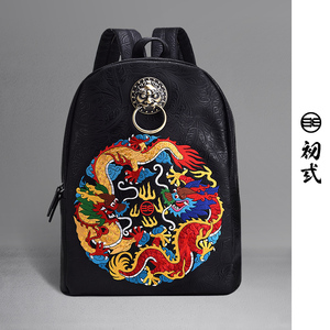 初弎中国风潮牌双龙戏珠复古刺绣双肩包书包电脑街头背包41186