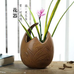 实拍复古奇型小花器陶质手工浮雕兰花蛋形花瓶水植花盆创意小花插