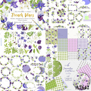 浪漫紫罗兰花卉橙花绿叶花环边框手绘水彩png图片婚礼设计素材