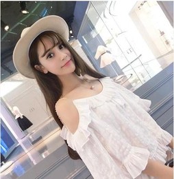 主播服装上镜甜美可爱超仙娃直播衣服一字领上衣宽松衬衫分享自:licai