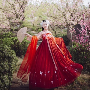 婉娘传统汉服唐制齐胸襦裙日常红色刺绣花非古装风夏装女