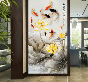 新中式玄关客厅墙面装饰壁纸过道竖版自粘背胶荷花九鱼图贴画纸布