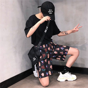 夏嘻哈hiphop高街个性头像印花阔腿短裤街拍裤子潮宽松5分裤