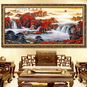手绘鸿运当头油画山水画装饰画办公室    风水靠山聚宝盆招财装裱