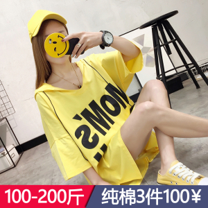 胖妹妹春夏装2018新款大码女装连帽中长款上衣女胖mm短袖纯棉T恤春夏大码女装