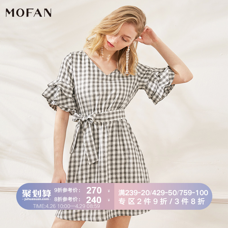 MOFAN2019夏季新款经典格子连衣裙V领短袖荷叶边系带收腰显瘦裙子