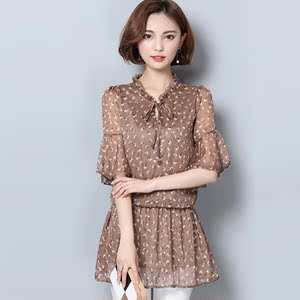 大码女装2017夏装新品韩版短袖中长宽松显瘦打底衫印花上衣雪纺衫