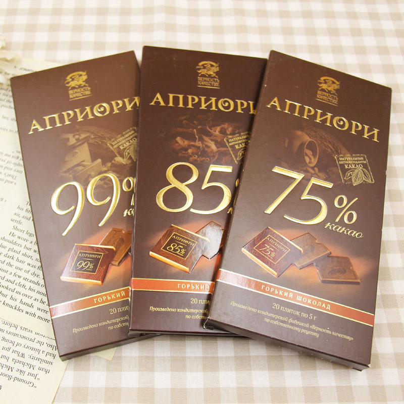 俄罗斯进口 骑士品牌758599%可可苦黑巧克力礼盒20单独小片装100g