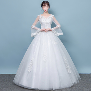 婚纱礼服2018新款韩版一字肩长袖显瘦齐地公主新娘春秋结婚纱拖尾婚纱