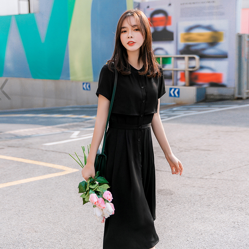 艾夫斯黑色连衣裙女韩版收腰2019新款夏经典时尚知性纯色气质裙子
