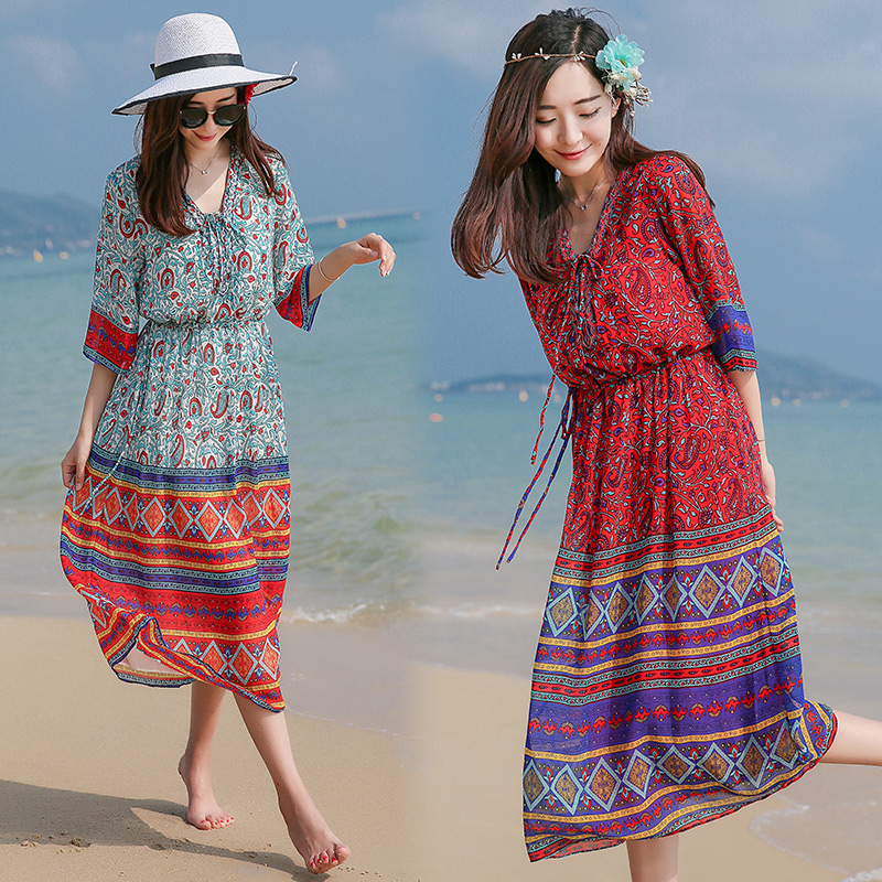 民族风印花雪纺连衣裙仙波西米亚长裙泰国海边度假碎花沙滩裙女夏