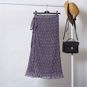iFashion夏季新款韩版小清新碎花半身裙女高腰显瘦系带雪纺长裙潮