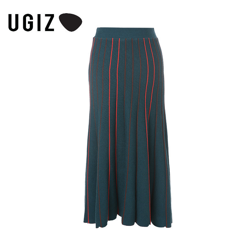 UGIZ2019春季新款韩版撞色条纹休闲百搭针织长裙半身裙女UAKB400A