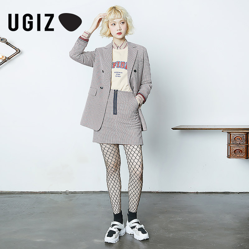 UGIZ2019年春季女装休闲时尚气质淑女格纹拉链半身短裙UAKC180-1