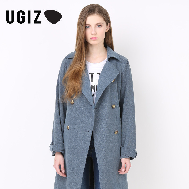 UGIZ2019春季新款女装韩版中长款双排扣收腰风衣外套女UAHZ402A
