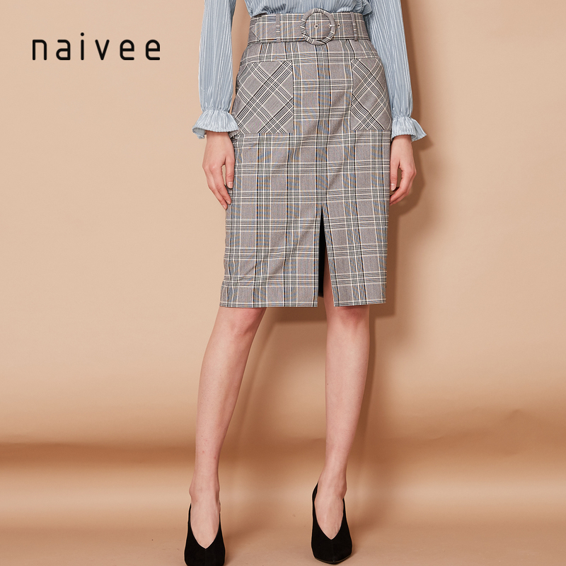 纳薇2019春季新款时尚通勤修身高腰格纹大口袋直身腰带开叉半身裙