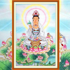 新款观音5d钻石画满钻坐莲菩萨粘十字绣贴砖佛像系列莲花中堂竖版