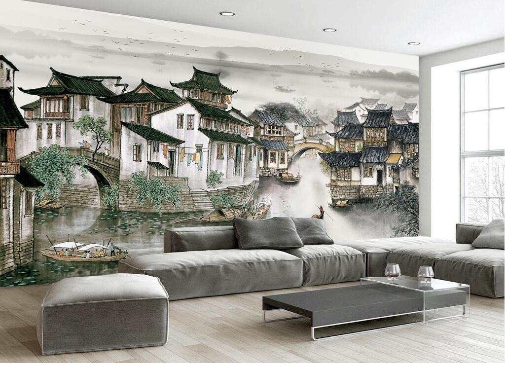 江南水乡传统风格古建筑背景墙大壁画江浙菜饭店餐厅装修墙纸壁纸