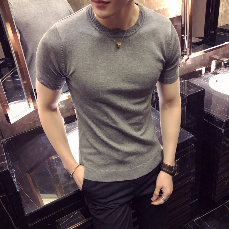 春夏季短袖T恤男韩版修身潮流薄款纯色紧身男装半袖针织打底衫