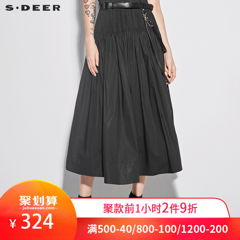 sdeer圣迪奥女装酷黑高腰褶皱大摆长裙S18281145