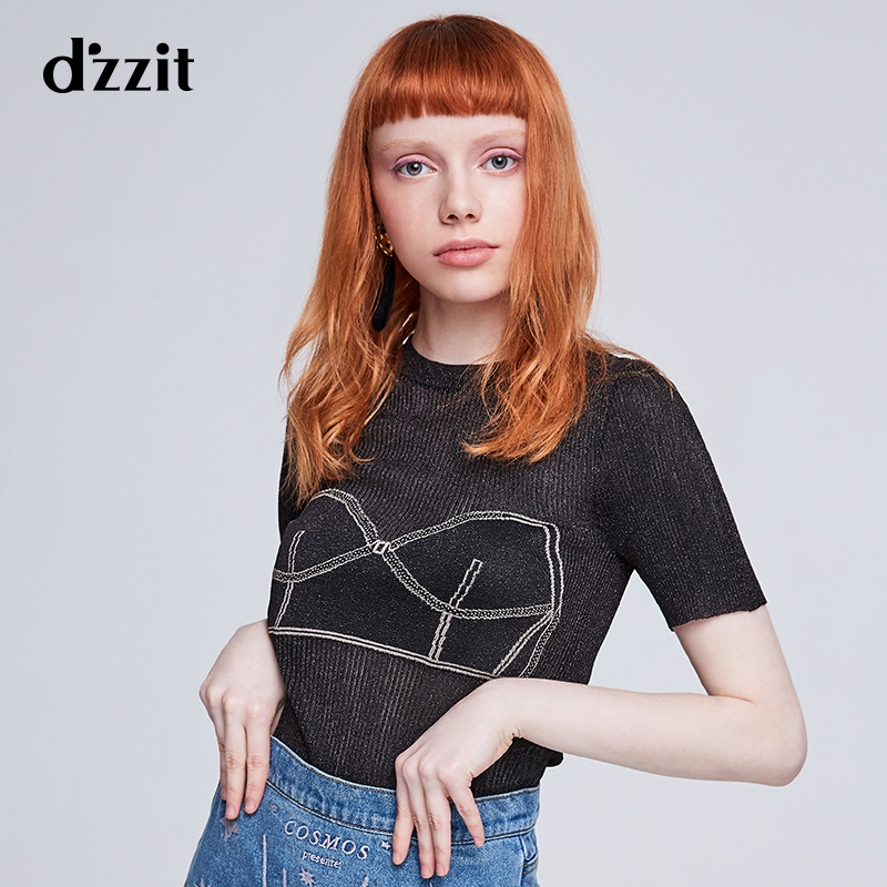 dzzit地素 2019夏装新款提花彩葱线胸衣图案针织衫女3G2E3171A