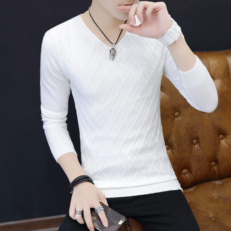 秋装新款男士V领打底衫韩版修身白色毛衣秋季薄款青年针织衫潮流
