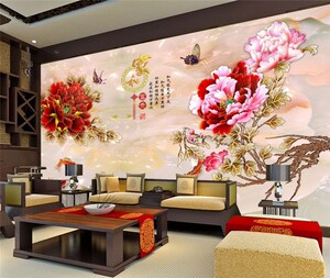 18新款彩雕牡丹花家和富贵大型装饰壁画现代客厅电视背景墙纸3d卧
