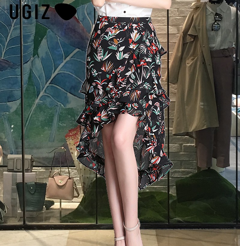 UGIZ2018夏新款女装雪纺半身裙荷叶边碎花包臀鱼尾不规则印花短裙