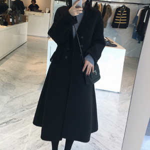 黑色呢子大衣女2017冬装韩版修身显瘦裙摆收腰过膝中长款毛呢外套毛呢大衣