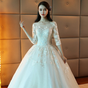 婚纱礼服新娘长拖尾2018新款春季长袖韩式一字肩蕾丝显瘦大码齐地婚纱