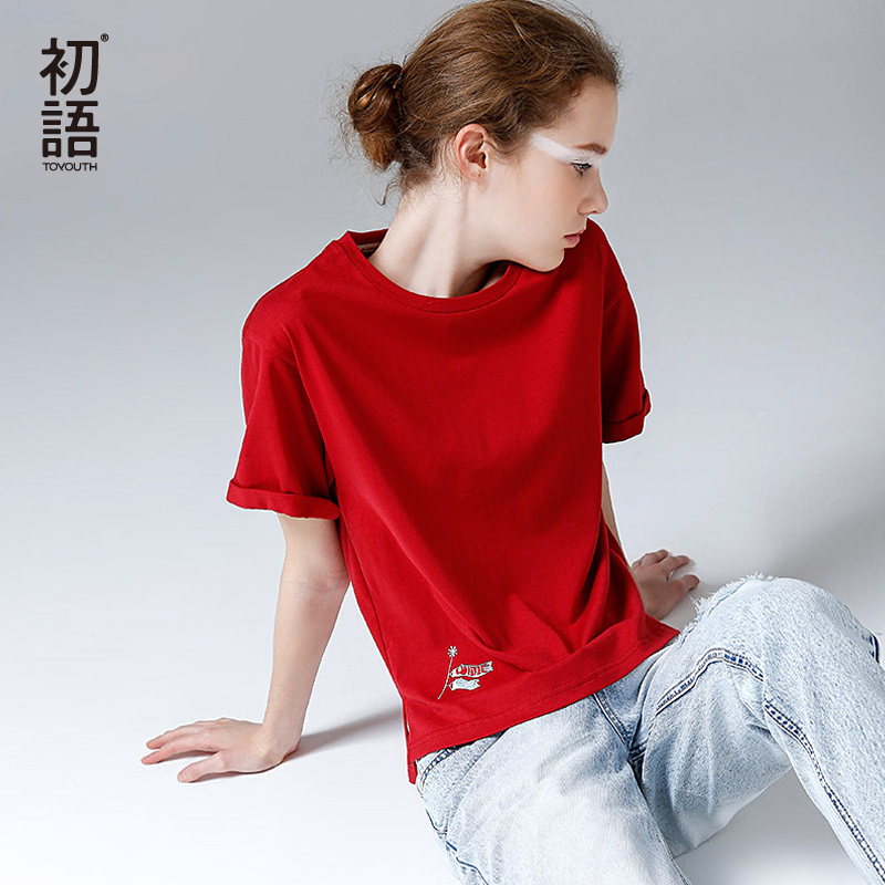 初语夏季新款chic红色短袖T恤女上衣短款纯棉休闲体恤潮