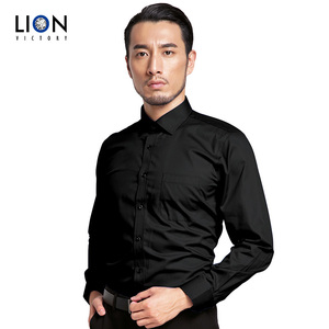 lion纯黑色商务正装衬衫纯色长袖薄款免烫斜纹工装修身型衬衣男士