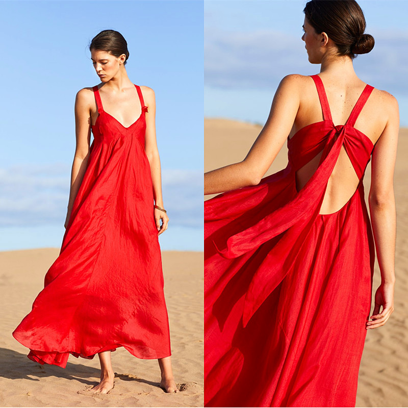 欧美红色高档连衣裙显瘦夏季长裙2018新款海岛度假露背沙滩裙