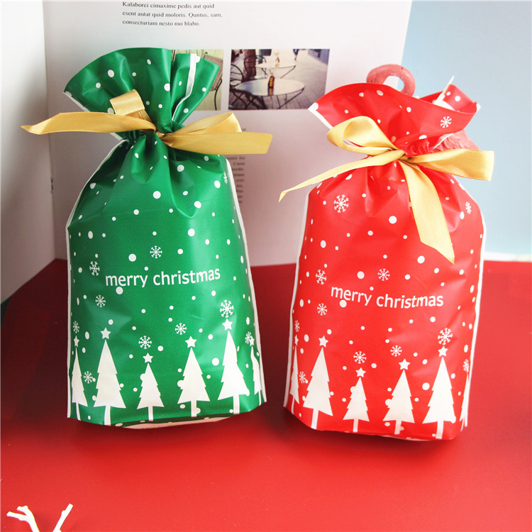 10个价格 圣诞节儿童圣诞树礼物袋礼品袜装饰抽绳小糖果袋红绿色