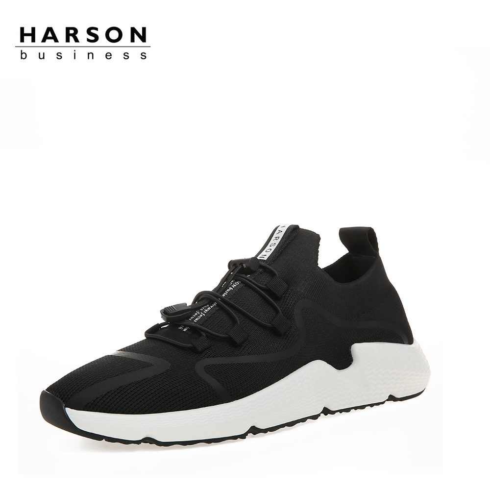 哈森HARSON2019春季黑色织物男鞋圆头轻底年轻运动休闲鞋ML85722
