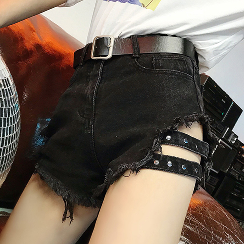 韩版chic黑色破洞牛仔短裤女夏季大码高腰显瘦性感女士学生热裤潮
