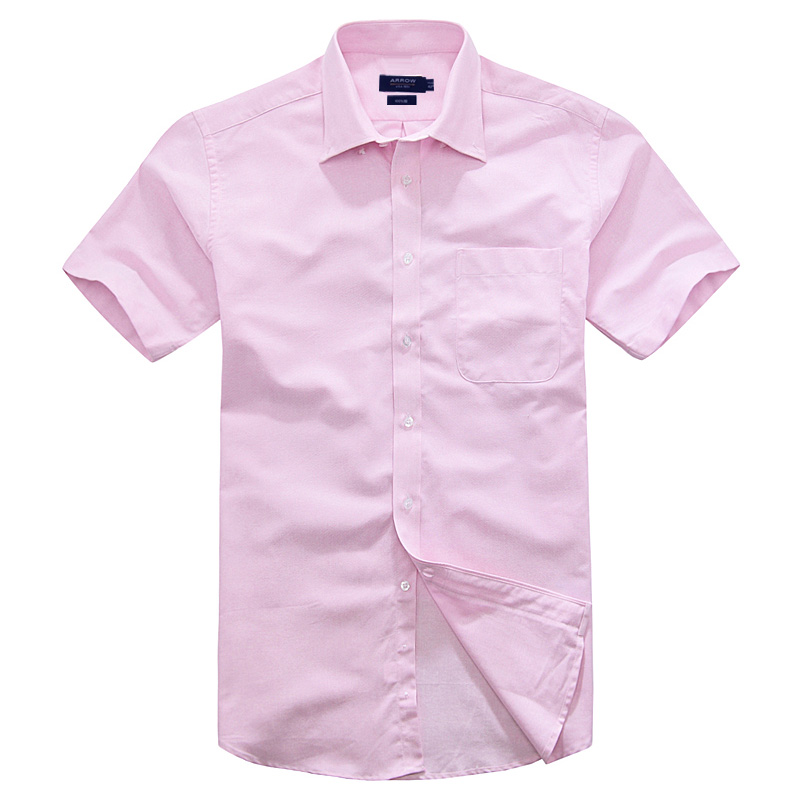 ARROW美国箭牌商务男衬衫纯棉免烫粉灰色条纹上班衬衣短袖衬衫