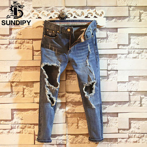 sundipy春夏季男士牛仔破洞时尚九分裤青年韩版修身潮男装9分裤子男装夏青年