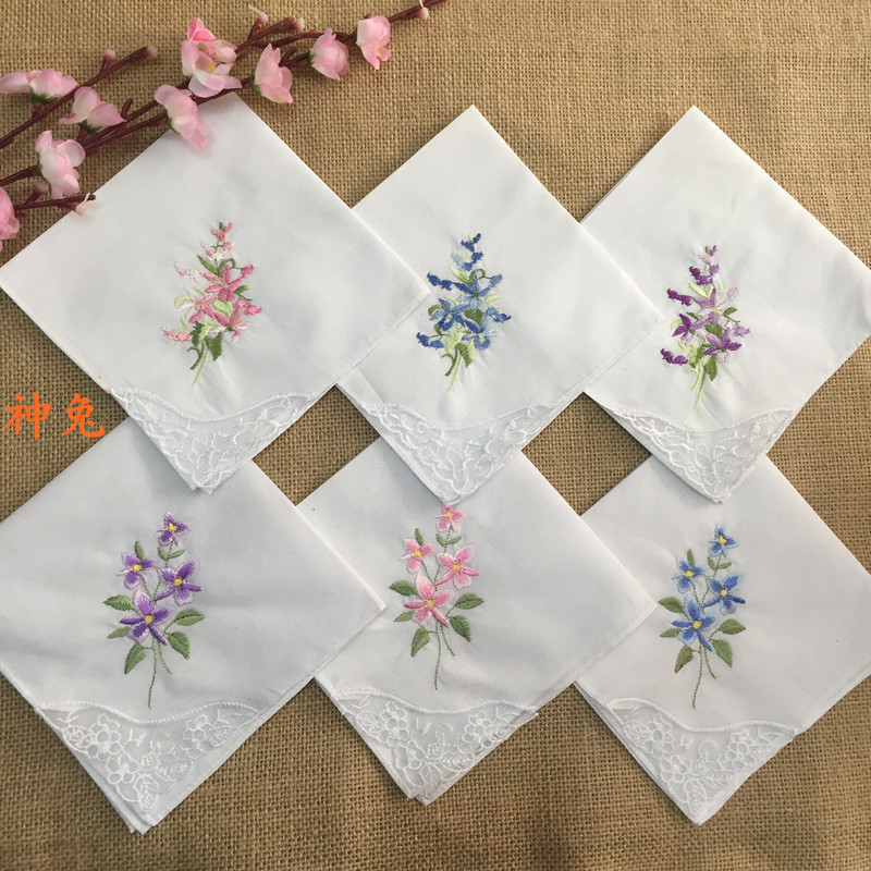 神兔 刺绣纯棉女士手帕 绣花全棉手绢 蕾丝边女帕 方巾口袋巾
