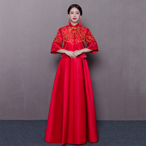 秀禾服2017新款中式婚纱礼服红色旗袍长款龙凤褂新娘结婚敬酒服女中式婚纱