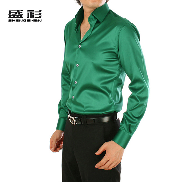 春夏男装长袖衬衫仿韩版真丝绸缎男士闪亮绿色舞蹈演出服衬衣盛衫
