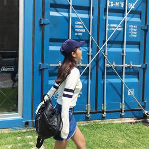 2017韩版春季圆领修身长袖条纹针织衫女套头短款外搭毛衣显瘦上衣