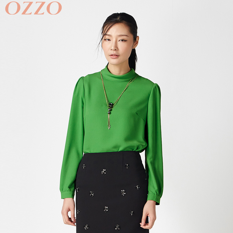 OZZO/欧尼迩纯色时尚长袖上衣简约 小翻圆领宽松垂感女T恤衬衫