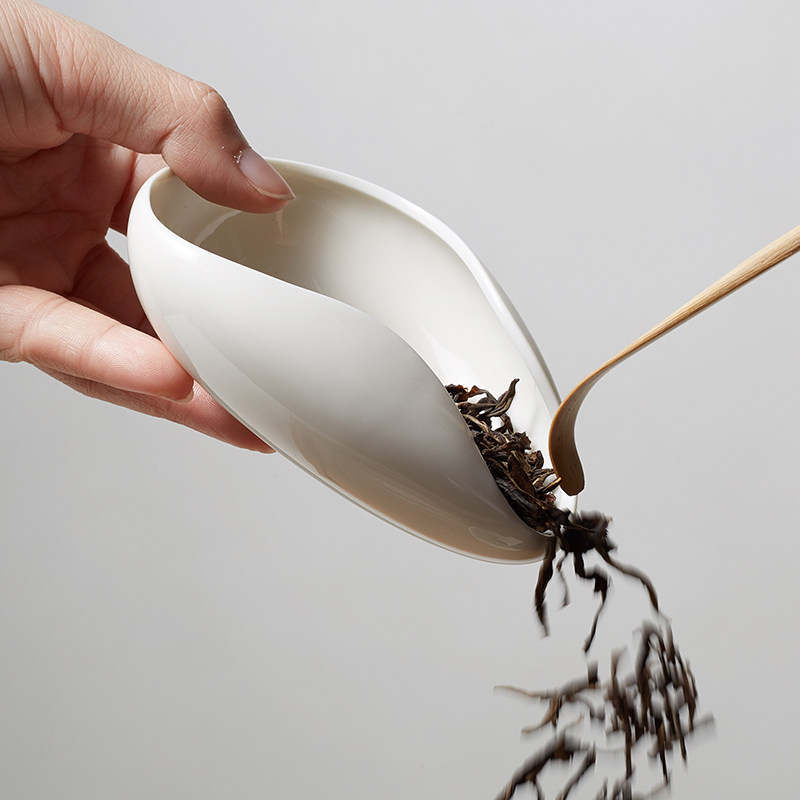 雯晨景德镇青瓷手绘青花茶荷 汝窑茶则茶匙茶勺陶瓷白瓷赏茶器