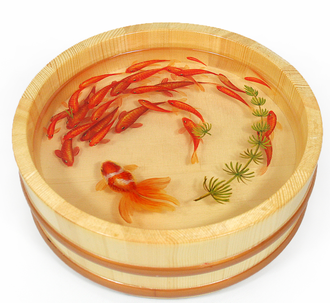 树脂金鱼画 3d金鱼 手绘礼品 居家饰品 立体绘画艺术 木盆红群鱼
