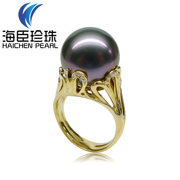 海臣珍珠 精品大规格孔雀绿泛紫大溪地黑珍珠戒指 14.0mm TCJ611